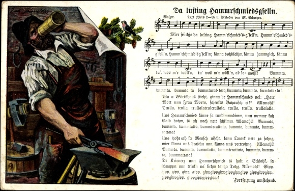 Song artist Postcard Schneider, Rud., Because lusting Hammrschmiedsgselln, blacksmith drinks beer