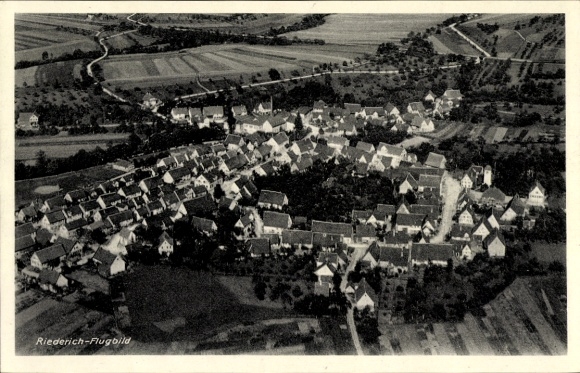 Postcard Riederich near Reutlingen, aerial view of a village, many roofs, rural surroundings, landscape