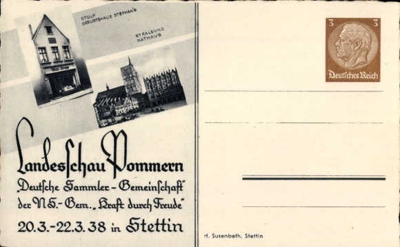 Postal stationery Postcard Szczecin Stettin Pomerania, Stamp State Exhibition Pomerania 20.-22.03.1938
