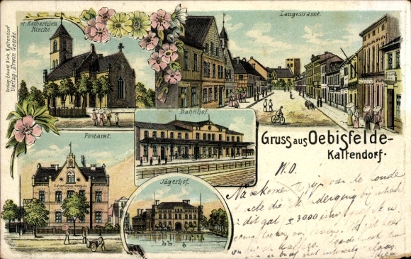 lito Kaltendorf Oebisfelde w Saksonii Anhalt, Langestrasse, kościół św. Katarzyny, dworzec kolejowy