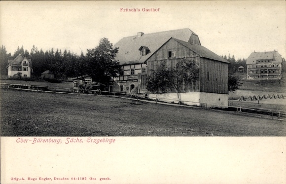 Postcard Bärenstein Altenberg Erzgebirge, Fritsch's Gasthof, rural building, wooded surroundings