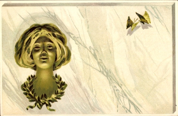 Art Nouveau Chromo-Litho Female Portrait, Bust, Butterflies