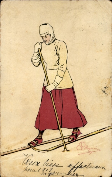 Artist Postcard Pellegrini, Woman on Skis