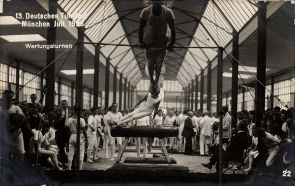 Photo Postcard 13th German Gymnastics Festival Munich July 1923, competitive gymnastics, horse, horizontal bar, gymnasium