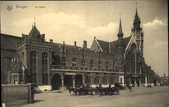 Postcard Bruges Bruges Flanders West Flanders, De Statie, train station, street side
