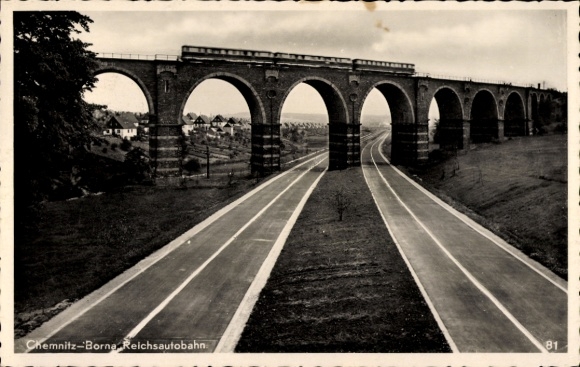 Ak Borna Heinersdorf Chemnitz in Sachsen, Reichsautobahn, Autobahnbrücke, Eisenbahn