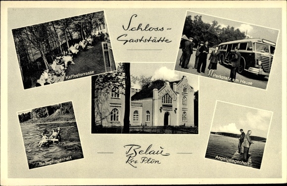 Ak Belau Kreis Plön, Schloss Gaststätte, Kaffeeterrasse, Parkplatz, See, Angeln