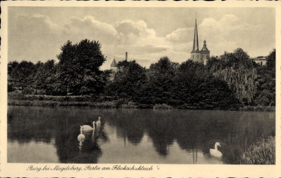 Postcard Burg near Magdeburg, castle near Partie am Flickschahleich, swans on pond