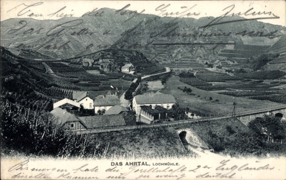 Postcard Altenahr in the Ahr Valley, Engelsley, mountain landscape, vineyards, houses, railway line