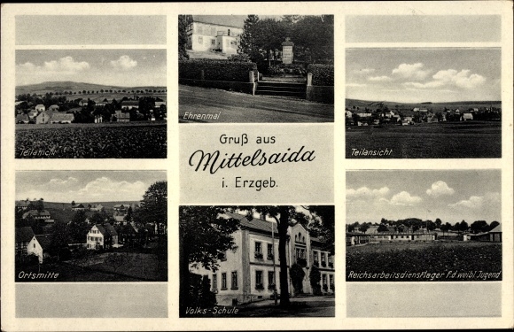 Postcard Mittelsaida Großhartmannsdorf in the Ore Mountains, partial view, memorial, elementary school, RAD camp