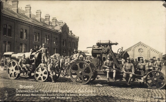 Postcard Brussels, Kuk troops and guns, wheeled gun, artillery, I. WK