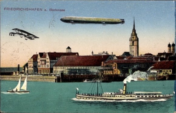 Widokówka z Friedrichshafen nad Jeziorem Bodeńskim, Zeppelin, parowiec