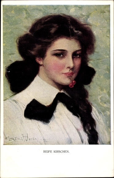 Kunstenaarskaart Underwood, Clarence, rijpe kersen, portret van een jonge vrouw