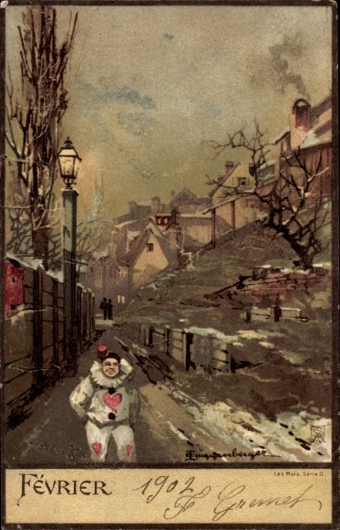 Artist Chromo-Litho Guggenberger, Thomas, Month of February, Winter, Harlequin, Allegory