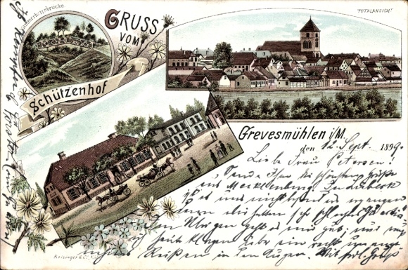 Chromo-Litho Grevesmühlen in Mecklenburg, Schützenhof, general view, church, bridge