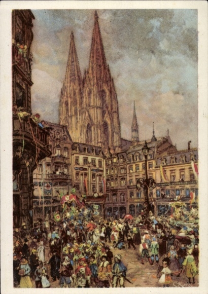 Postal stationery artist PC Cologne on the Rhine, carnival, parade, cathedral
