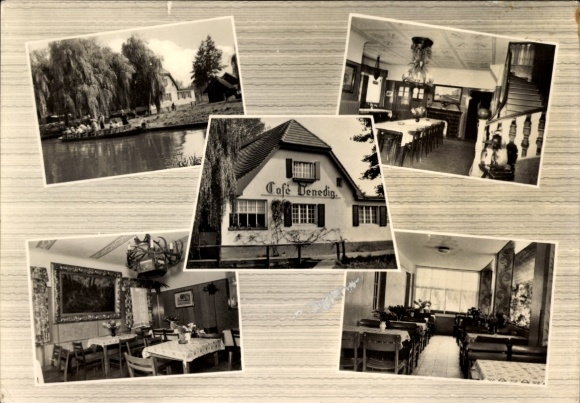 Ak Lehde Lübbenau im Spreewald, Café Venedig, Bilder von Innenräumen, Restaurant, Wasserweg, gesc