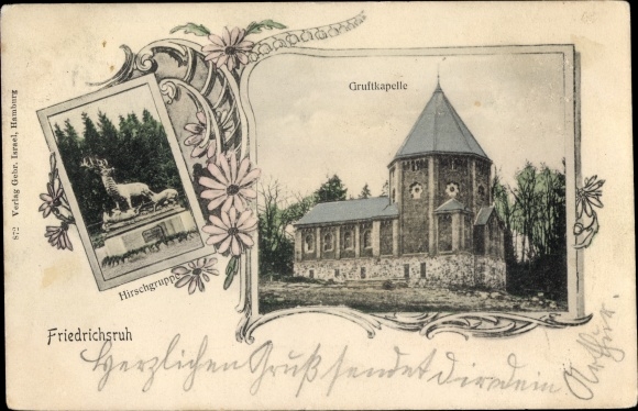 Ak Friedrichsruh Aumühle in het hertogdom Lauenburg, crypte kapel Bismarck, groep herten
