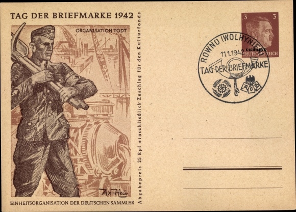 Postal stationery artist PC Axster Heudtlass, Organization Todt, Stamp Day 1942