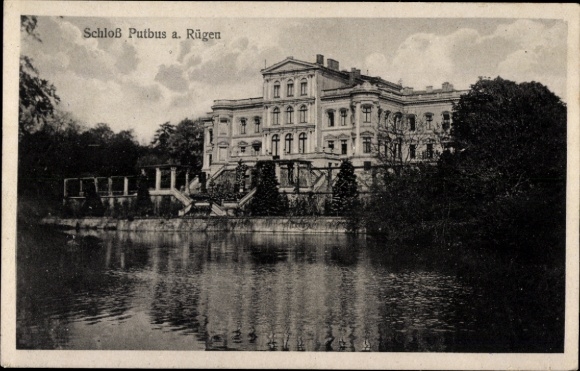 Postcard Putbus on the island of Rügen, castle, castle pond, castle terraces and arcades