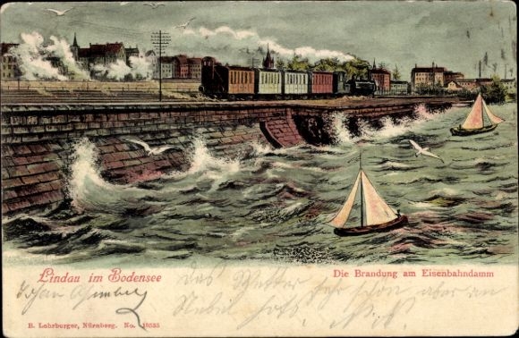 Ak Lindau am Bodensee Schwaben, Brandung am Eisenbahndamm