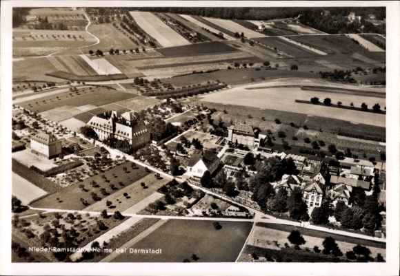 Postcard Nieder Ramstadt Mühltal in the Odenwald, Nieder-Ramstädter Anstalten, aerial photograph