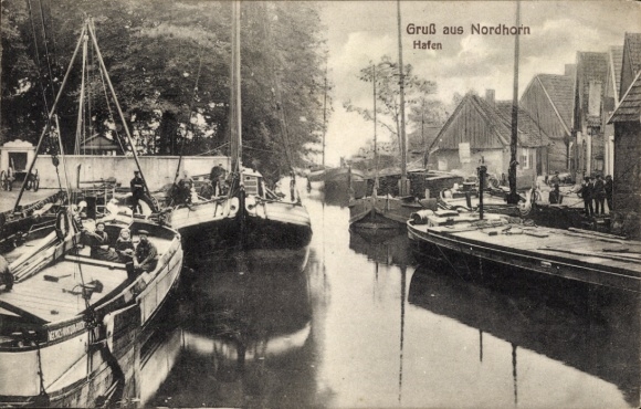 Ak Nordhorn in der Grafschaft Bentheim, Hafen, Lastkähne