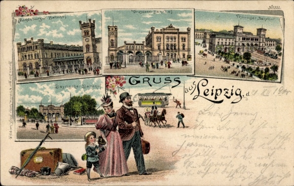 Litho Leipzig in Sachsen, Bahnhöfe, Reisende, Straßenbahn, Bruno Bürger 352