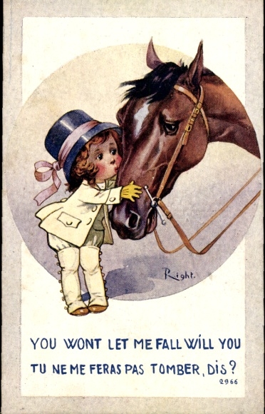 Artist Postcard Right, Girl in riding clothes with a horse