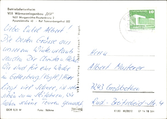 Postcard Morgenröthe Rautenkranz Muldenhammer in Vogtland, company holiday home, outside and inside
