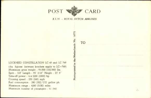 Postcard Dutch passenger aircraft, Lockheed Constellation LC 49, LC 749, Flying Dutchman, KLM