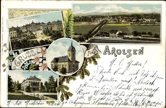 Chromo-Litho Bad Arolsen in Hesse, church, view of the town, castle