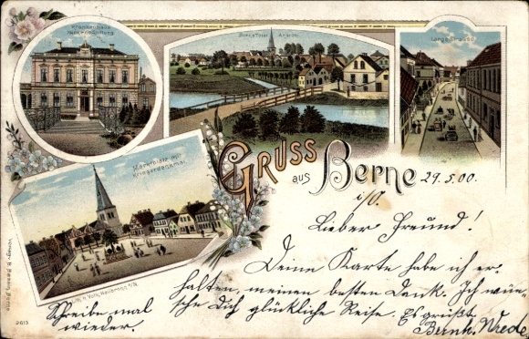 Chromo-Litho Berne Lower Saxony, Kuckenstiftung Hospital, total view, market square, war memorial