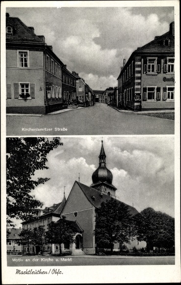 Postcard Marktleuthen Upper Franconia, Kirchenlamitzer Straße, church, market