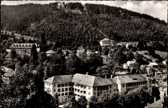Postcard Bad Wildbad in the Black Forest, Hotel Quelienhof and Sommerberg, landscape with trees