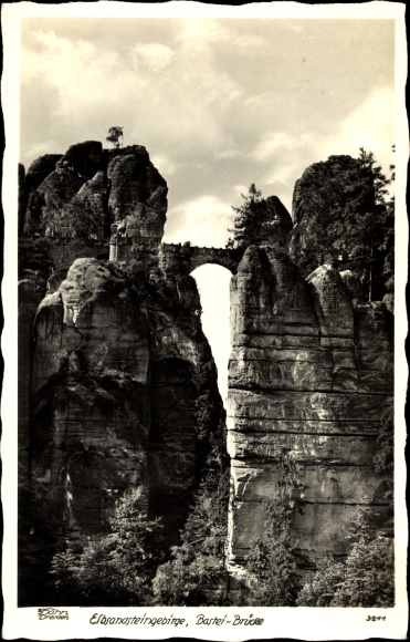 Postcard Lohmen in the Elbe Sandstone Mountains, bastion, rock section with bastion bridge