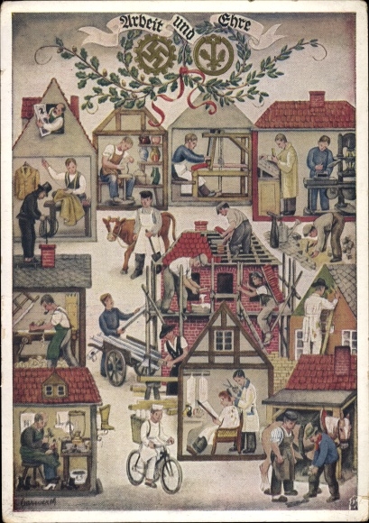 Künstler Ak Reichshandwerkertag 1936, Arbeit und Ehre, Friseur, Bäcker, Töpfer, Schornsteinfeger