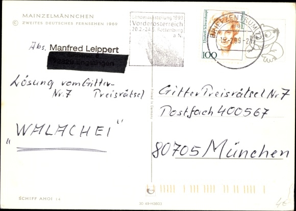 Artist PC Mainzelmännchen, sailing boat, fishing rod, second German television 1969