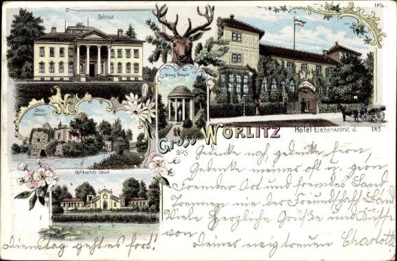 Ak Wörlitz in Anhalt, Wörlitz Park, met Hotel Erchenkranz, landschapsgezichten, bloemen, gierst