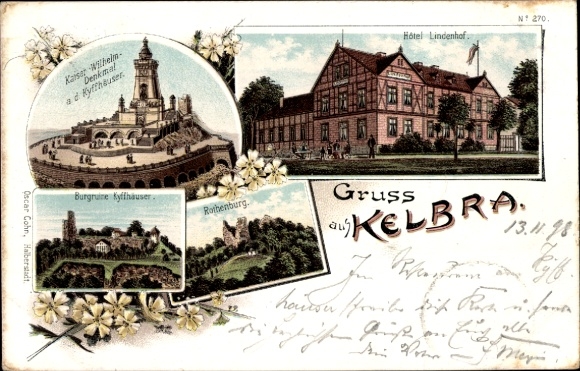 litho Kelbra am Kyffhäuser, Hotel Lindenhof, Kaiser Wilhelm Monument, kasteelruïne, Rothenburg