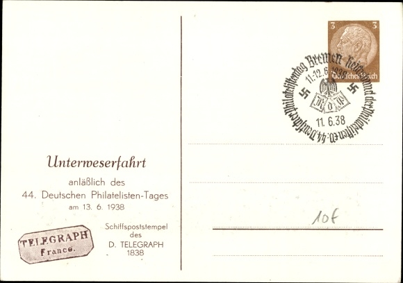 Postwaardestukken kunstenaarsbriefkaart scheepspost Bremen Bremerhaven 1827-1851, postzegeltentoonstelling 1938