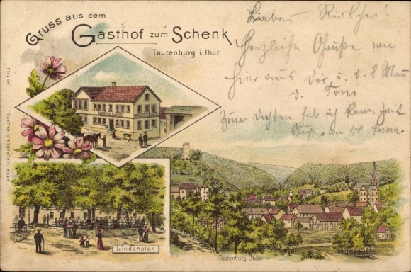 Chromo-Litho Tautenburg in Thuringia, Gasthof zum Schenk, Linden plan, general view