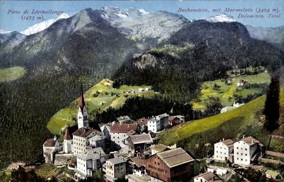 Postcard Pieve di Livinallongo Veneto, Pieve di Livinallongo, Panorama, Buchenstein, Marmolata
