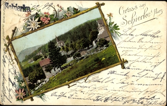 Postcard Schierke Wernigerode in the Harz Mountains, colorful landscape, church, flower frame