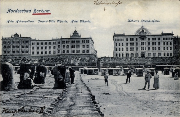 Postcard North Sea resort Borkum in East Frisia, North Sea resort Hotel Kohenzollern, Beach Villa Viktoria, Köhl