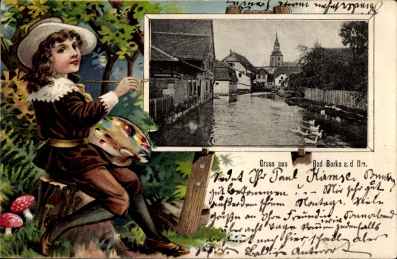 Präge Passepartout Ak Bad Berka in Thüringen, Teilansicht an der Ilm, Kind mit Farbpalette