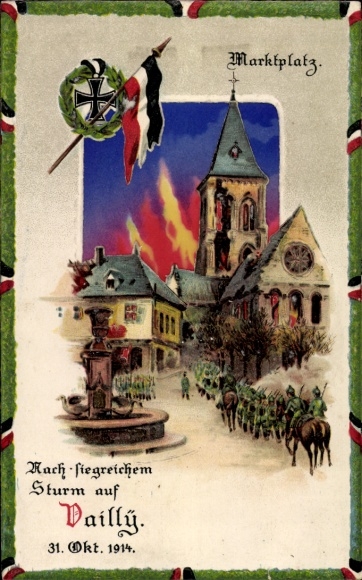 Tłoczenie na tle światła ulga lito Vailly Aisne, Rynek, Żołnierze niemieccy, Inwazja, I wojna światowa