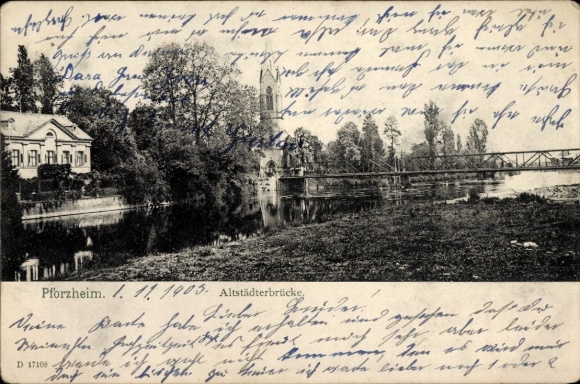 Postcard Pforzheim in the Black Forest, Old Town Bridge, river landscape, architecture