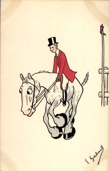 Künstler Ak Jockey auf Pferde, Springreiten
