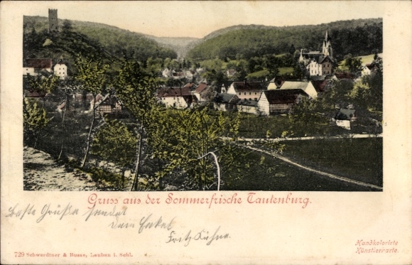 Postcard Tautenburg in Thuringia, panoramic view of the castle in the background, colorful landscape